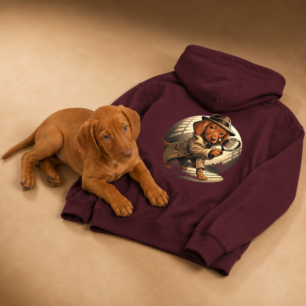 Detective style AI dog portrait on a pullover featuring Luffy