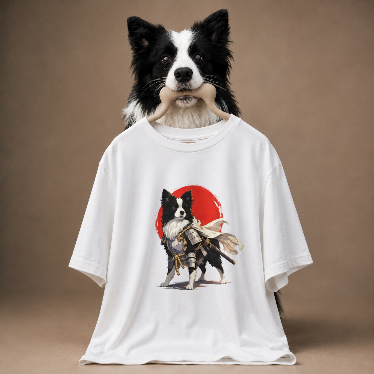Samurai style AI dog portrait on an oversized boxy tee featuring Zuko
